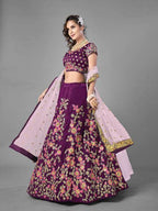 Myra Purple Heavy Embroidered Satin Velvet Bridal Lehenga | Grocsy