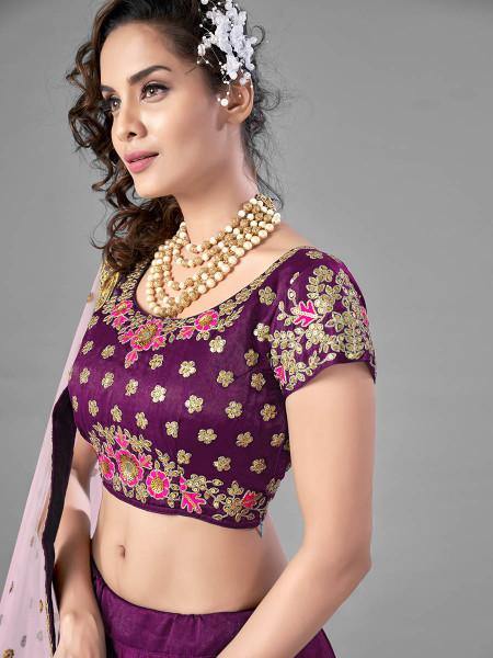Myra Purple Heavy Embroidered Satin Velvet Bridal Lehenga | Grocsy