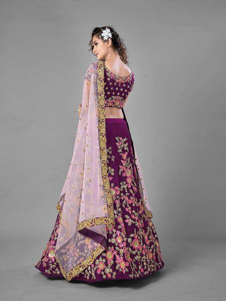 Myra Purple Heavy Embroidered Satin Velvet Bridal Lehenga | Grocsy