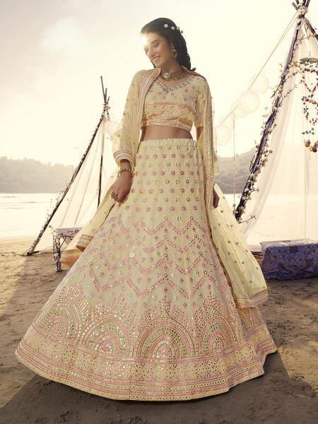 Myra Light Yellow Embroidered Organza Bridal Lehenga | Grocsy