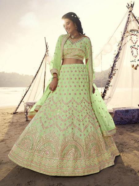Myra Parrot Embroidered Organza Bridal Lehenga | Grocsy