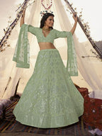 Myra Pista Embroidered Organza Bridal Lehenga | Grocsy