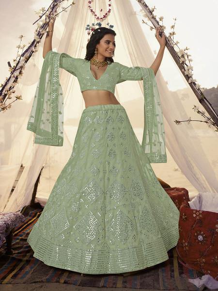Myra Pista Embroidered Organza Bridal Lehenga | Grocsy