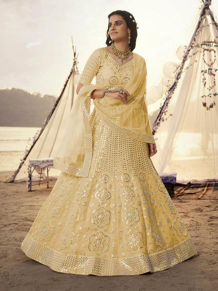 Myra Yellow Embroidered Organza Bridal Lehenga | Grocsy