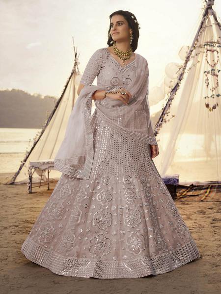 Myra Dusty Pink Embroidered Organza Bridal Lehenga | Grocsy