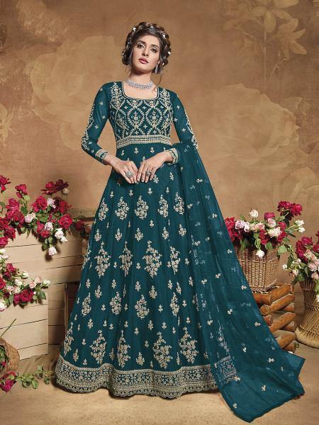 Myra Rama Green Heavy Embroidered Butterfly Net Anarkali Suit | Grocsy