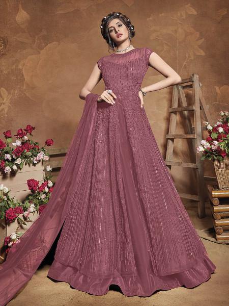 Myra Dusty Pink Heavy Embroidered Butterfly Net Anarkali Suit | Grocsy