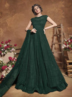 Myra Bottle Green Heavy Embroidered Gown Suit | Grocsy