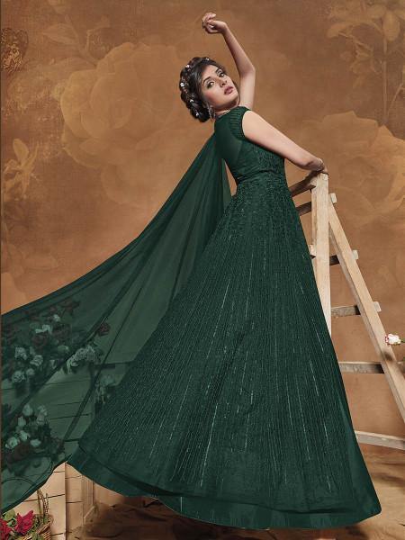 Myra Bottle Green Heavy Embroidered Gown Suit | Grocsy