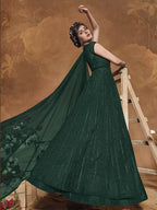 Myra Bottle Green Heavy Embroidered Gown Suit | Grocsy