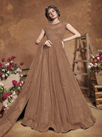 Myra Beige Heavy Embroidered Gown Suit | Grocsy
