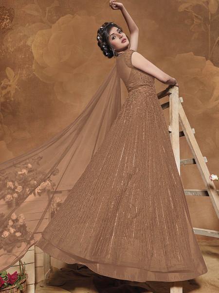 Myra Beige Heavy Embroidered Gown Suit | Grocsy