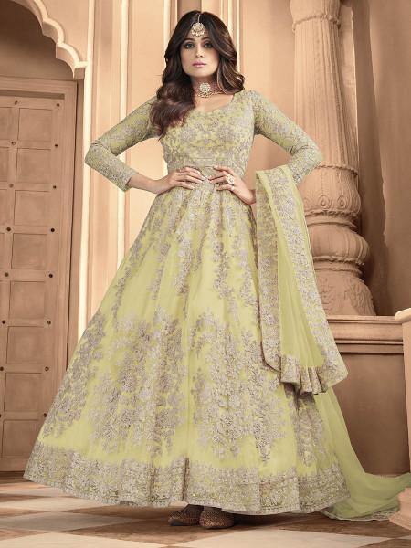 Myra Dusty Yellow Heavy Embroidered Anarkali Suit | Grocsy