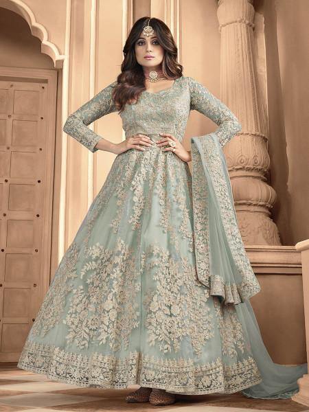 Myra Dusty Sea Blue Heavy Embroidered Anarkali Suit | Grocsy