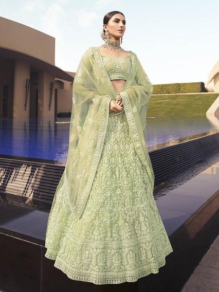 Myra Beautiful Green Heavy Embroidered Soft Net Bridal Lehenga | Grocsy