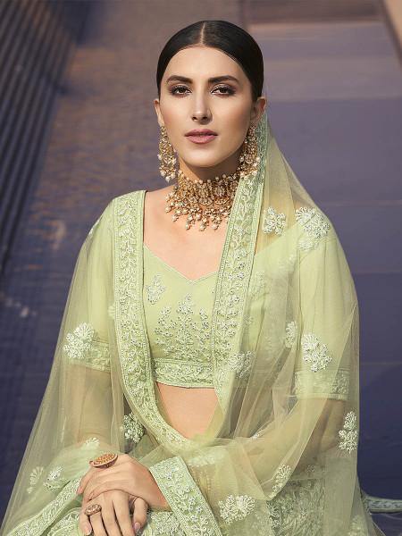 Myra Beautiful Green Heavy Embroidered Soft Net Bridal Lehenga | Grocsy