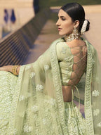Myra Beautiful Green Heavy Embroidered Soft Net Bridal Lehenga | Grocsy