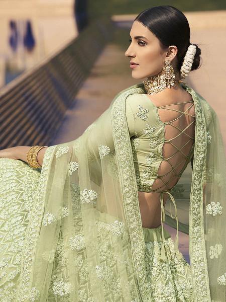 Myra Beautiful Green Heavy Embroidered Soft Net Bridal Lehenga | Grocsy