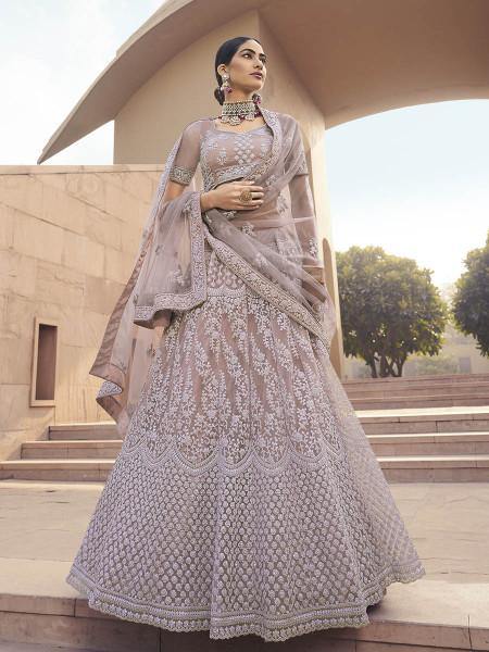Myra Beautiful Mauve Heavy Embroidered Soft Net Bridal Lehenga | Grocsy
