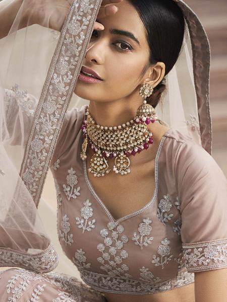 Myra Beautiful Mauve Heavy Embroidered Soft Net Bridal Lehenga | Grocsy
