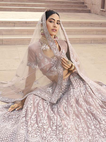 Myra Beautiful Mauve Heavy Embroidered Soft Net Bridal Lehenga | Grocsy