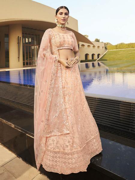 Myra Peach Heavy Embroidered Soft Net bridal Lehenga | Grocsy