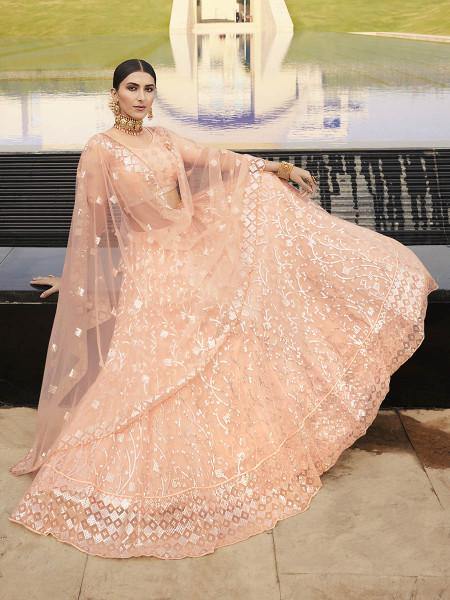 Myra Peach Heavy Embroidered Soft Net Bridal Lehenga | Grocsy