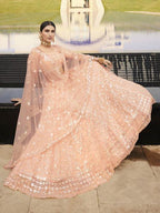 Myra Peach Heavy Embroidered Soft Net Bridal Lehenga | Grocsy