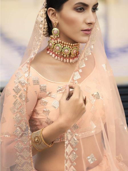 Myra Peach Heavy Embroidered Soft Net bridal Lehenga | Grocsy