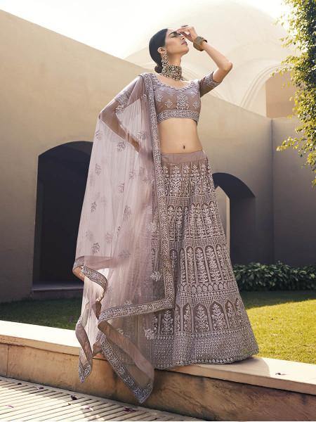 Myra Mauve Heavy Embroidered Soft Net Bridal Lehenga | Grocsy
