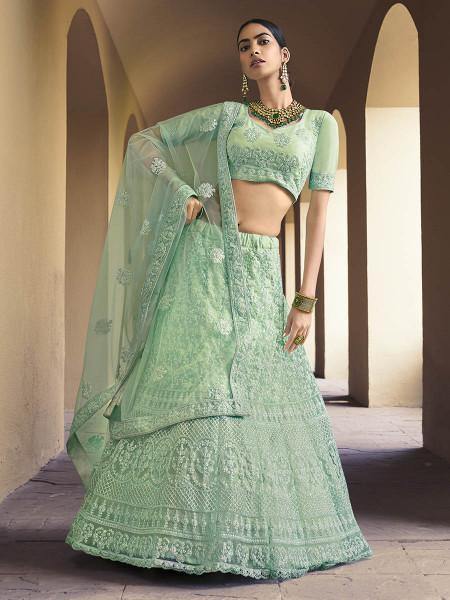 Myra Green Heavy Embroidered Soft Net Bridal Lehenga | Grocsy