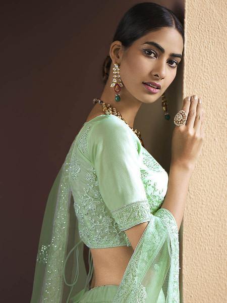 Myra Green Heavy Embroidered Soft Net bridal Lehenga | Grocsy