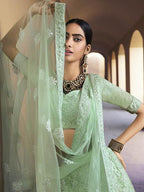 Myra Green Heavy Embroidered Soft Net bridal Lehenga | Grocsy