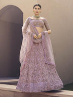 Myra Lilac Heavy Embroidered Soft Net Bridal Lehenga | Grocsy