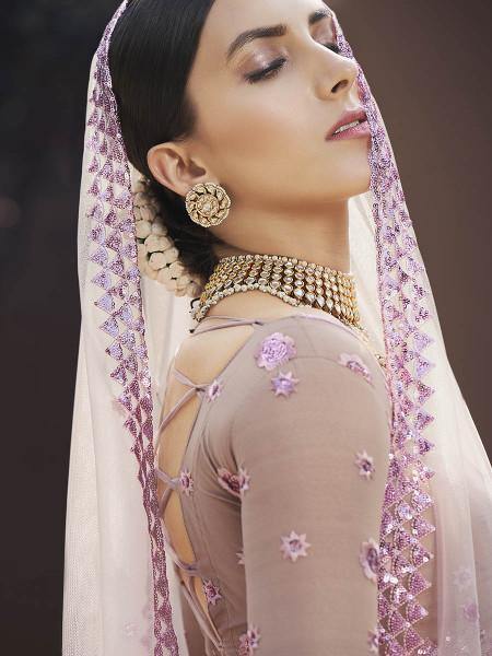 Myra Lilac Heavy Embroidered Soft Net bridal Lehenga | Grocsy