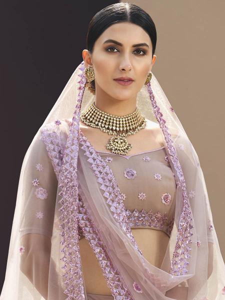 Myra Lilac Heavy Embroidered Soft Net Bridal Lehenga | Grocsy