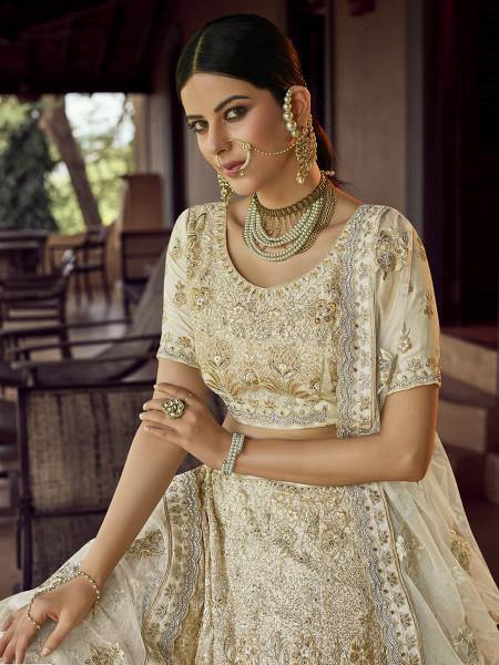Myra Beautiful Off White Heavy Embroidered Georgette Traditional Bridal Lehenga | Grocsy