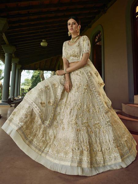 Myra Beautiful Off White Heavy Embroidered Georgette Traditional Bridal Lehenga | Grocsy