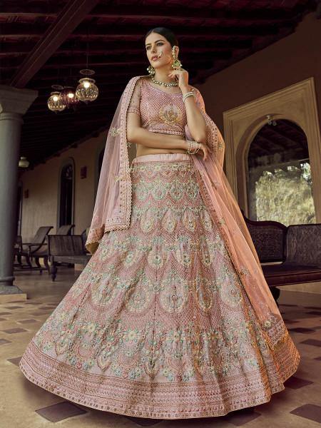 Myra Beautiful Peach Heavy Embroidered Georgette Bridal Lehenga | Grocsy