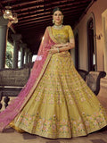 Myra Mustard Heavy Embroidered Georgette bridal Lehenga | Grocsy