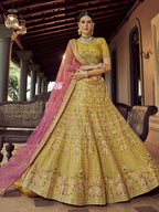Myra Mustard Heavy Embroidered Georgette bridal Lehenga | Grocsy
