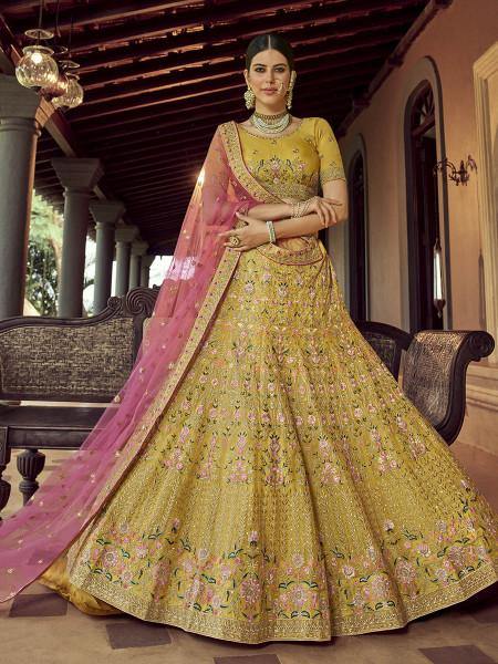 Myra Mustard Heavy Embroidered Georgette bridal Lehenga | Grocsy