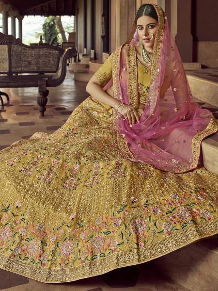 Myra Mustard Heavy Embroidered Georgette Bridal Lehenga | Grocsy