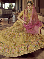 Myra Mustard Heavy Embroidered Georgette Bridal Lehenga | Grocsy