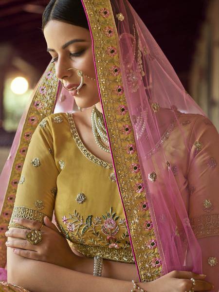 Myra Mustard Heavy Embroidered Georgette Bridal Lehenga | Grocsy