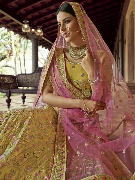 Myra Mustard Heavy Embroidered Georgette bridal Lehenga | Grocsy