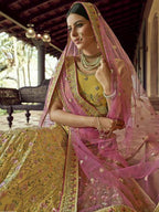 Myra Mustard Heavy Embroidered Georgette bridal Lehenga | Grocsy
