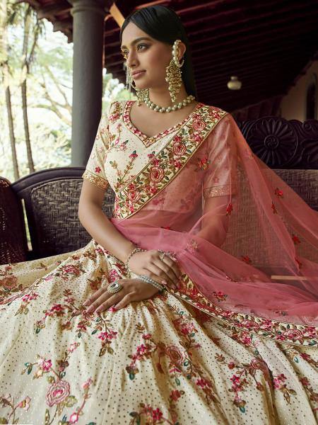 Myra Beautiful Off White Heavy Embroidered Georgette Bridal Lehenga | Grocsy