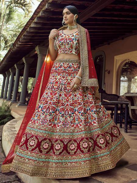 Myra Off White Heavy Embroidered Georgette Bridal Lehenga | Grocsy