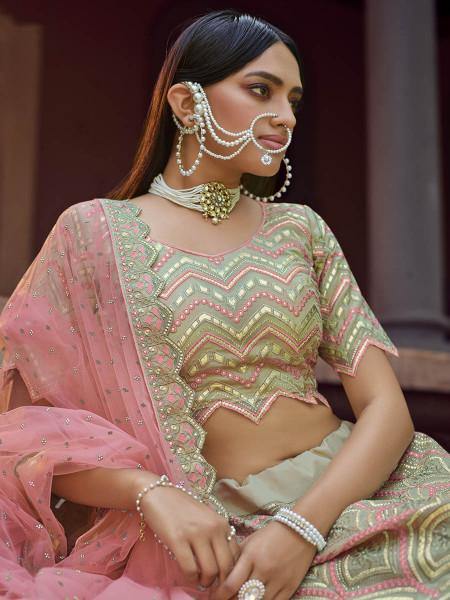 Myra Beautiful Green Heavy Embroidered Georgette Bridal Lehenga | Grocsy